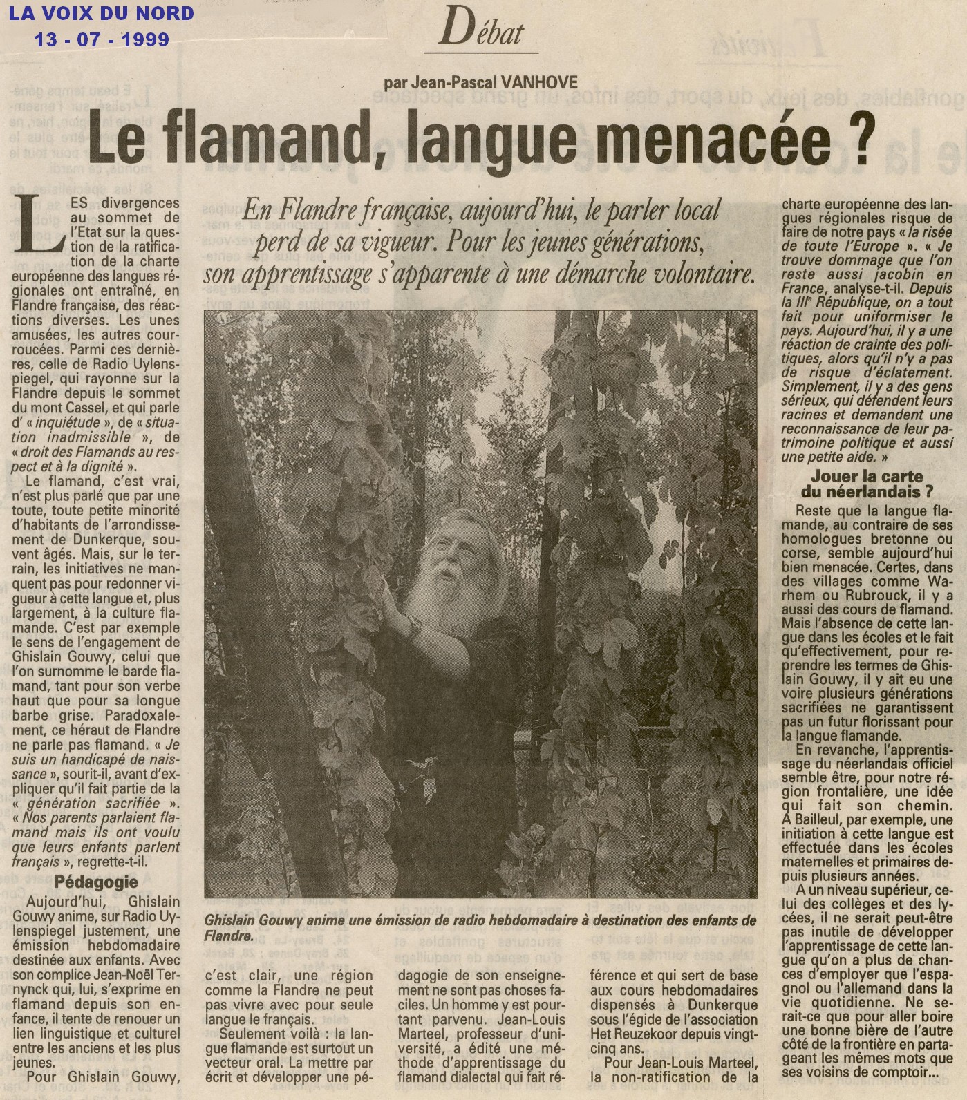  article-de-la-voix-du-nord-sur-la-langue-flamande-et-ghislain-gouwy-13-juillet-1999 