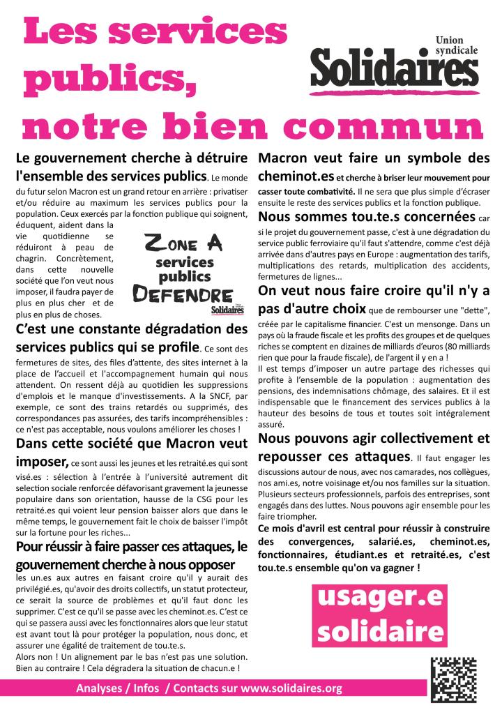 les services publics, notre bien commun (tract de Solidaires - avril 2018)