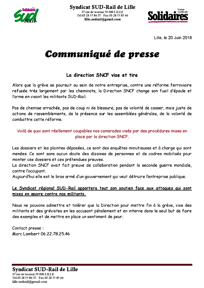 communiqué de presse SUD Rail Lille 20 juin 2018