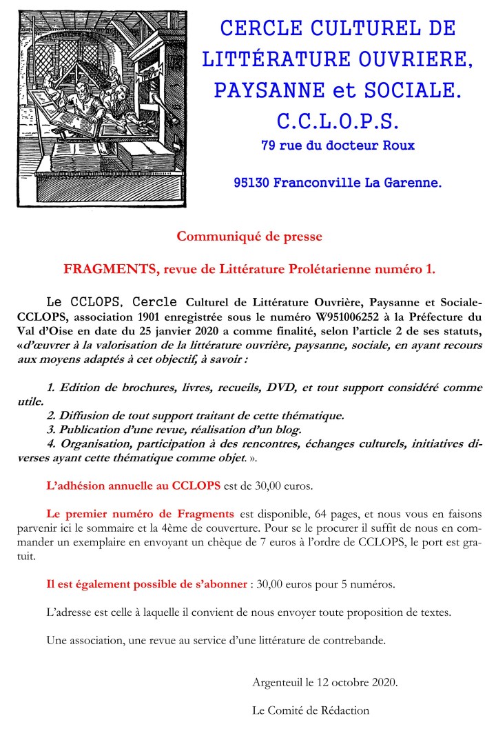 Fragments - numéro 01 - page 01 du communiqué de presse de présentation