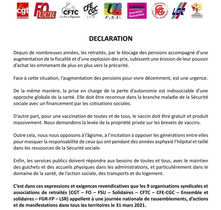 déclaration orgas retraitées pour 31 mars 2021