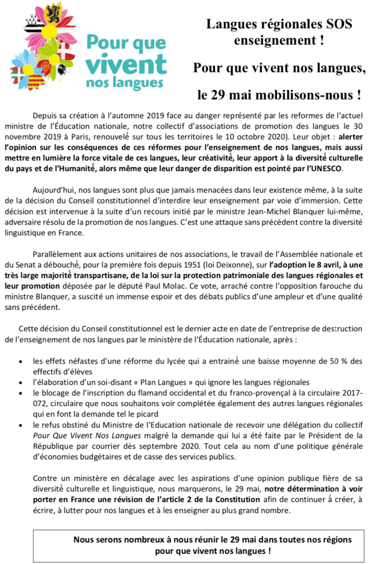 Pour que vivent nos langues (appel pour le 29 mai 2021)