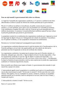 communiqué de intersyndicale retraites suite à mobilisation du 31 01 2023