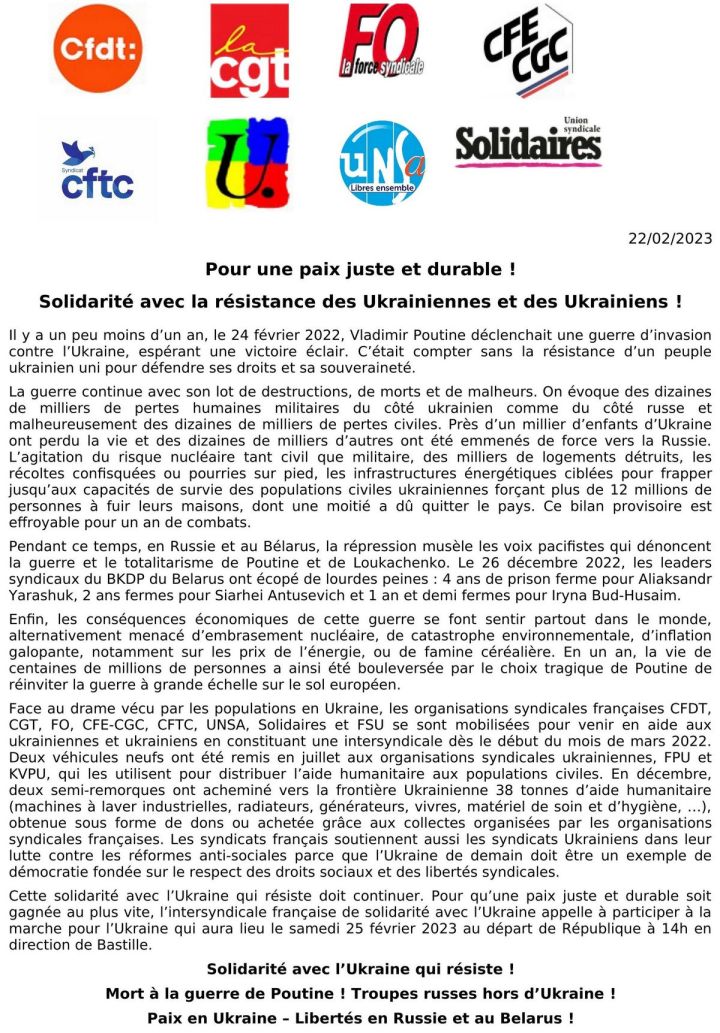 Ukraine_communique-intersyndical_Pour-une-paix-juste-et-durable_22-03-2023