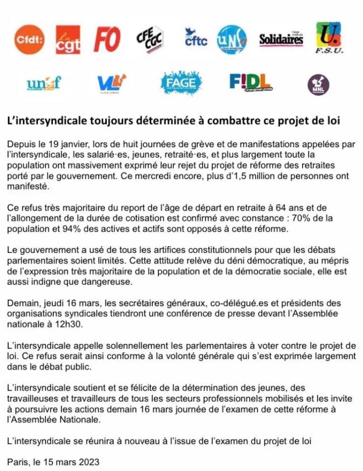 communiqué intersyndicale nationale contre réforme retraites 15 mars 2023